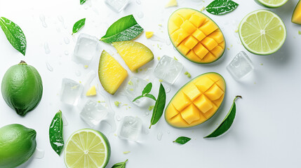 Top view of a fresh mango and lime slices with green leaves and melting ice cubes on a wet white surface.  Fresh and cool theme. - Powered by Adobe