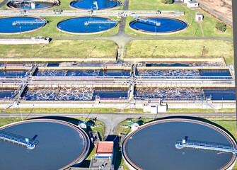 Vertical view of the municipal wastewater treatment plant. Servicing equipment, circular...