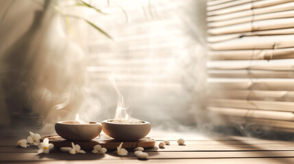 Two bowls filled with steaming incense, emitting a gentle smoke, are placed on a wooden surface adorned with scattered white flowers and pebbles. Tranquility and relaxation.