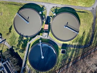 Vertical view of the municipal wastewater treatment plant. Servicing equipment, circular...