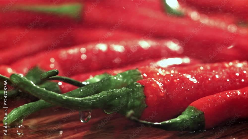 Sticker Drops of water fall on chili peppers. Filmed on a high-speed camera at 1000 fps. High quality FullHD footage