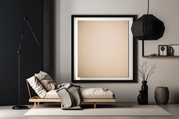 With a mock up poster frame, a pillow on the chaise longue, a black minimalist lamp, and attractive personal accessories, this pleasant living area is stylishly composed. beige wall without color. Tem