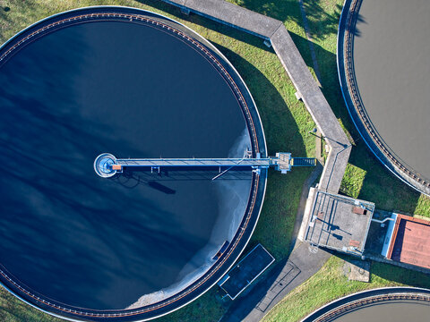 Vertical view of the municipal wastewater treatment plant. Servicing equipment, circular sedimentation tanks, water clarification, aeration of activation tanks , separation sumps and other technology.