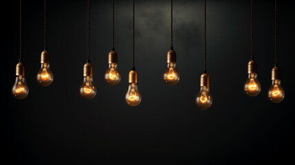Hanging light bulbs on dark background. Vintage light bulbs hanging on rope - obrazy, fototapety, plakaty