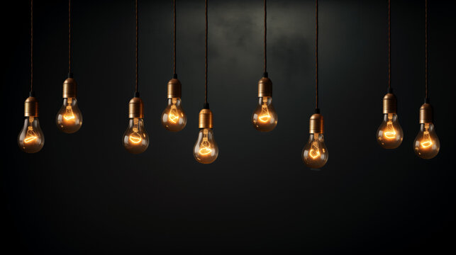 Hanging light bulbs on dark background. Vintage light bulbs hanging on rope