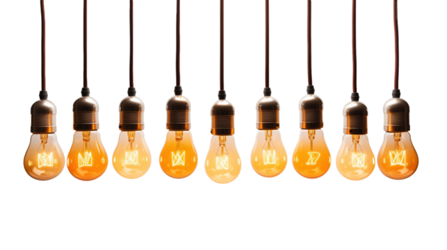 Hanging light bulbs cut pit. Vintage light bulbs hanging on transparent background