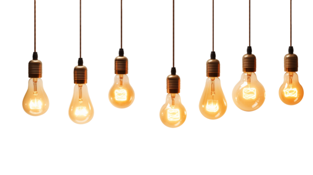 Hanging light bulbs cut pit. Vintage light bulbs hanging on transparent background