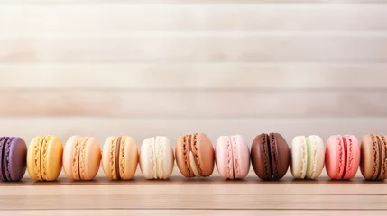 Fotobehang Macarons in row on wooden table. Colorful macarons on a table © yLemon