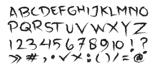 Handwritten alphabet grunge brush effect, chalk. Rough style fun design elements