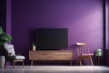 purple room really Peri vacant wall, chair, light, and TV cabinet. modern interior design