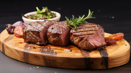 Tasty steak on wooden plate. Steak on o plate