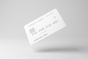 White credit card floating in mid air on white background in monochrome and minimalism. Illustration of the concept of consumerism and financial cashless payment
