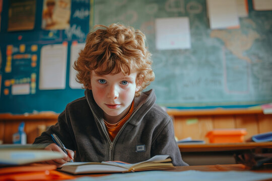 Diligent Schoolboy Writes in Notebook While Teacher Guides