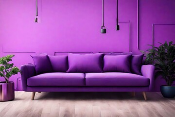 an AI image of a lively purple-themed room showcasing a stylish sofa, vibrant pillow, and decorative plant set against a modern and trendy wall backdrop