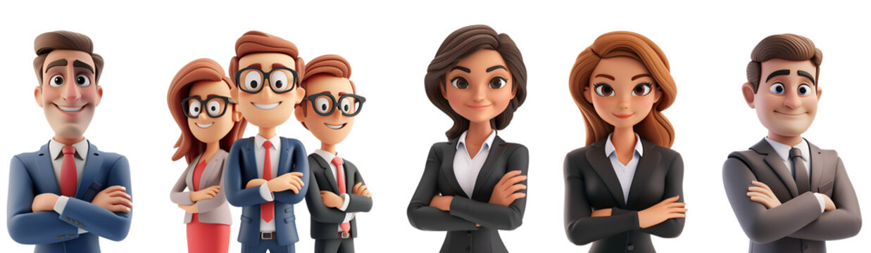 3D Cartoon Render Illustration of Arms Crossed Businesswoman and Businessman in Business People Set, Isolated on Transparent Background, PNG