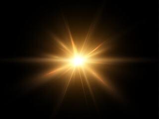Glowing light explodes, light flash golden color. Beam of the shining sun. Special glare light effect. Bright flash.