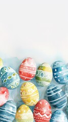 Pastel Easter Eggs Watercolor Background. Watercolor Easter eggs in soft pastel tones on a light backdrop.