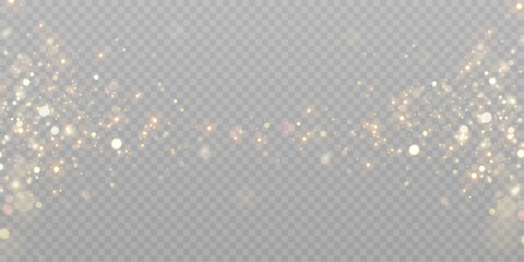 Abstract magical light dust effect with golden bokeh highlights on a transparent background. Christmas lights. Glowing flying dust. Vector illustration - obrazy, fototapety, plakaty