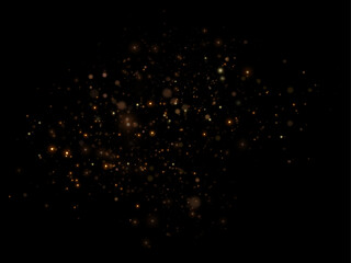 Abstract magical light dust effect with golden bokeh highlights on a black background. Christmas lights. Glowing flying dust. Vector illustration