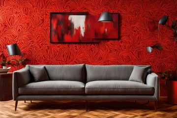 a vivid and detailed description of the modern gray sofa positioned in front of a vibrant red solid color pattern wall, highlighting its design elements, texture, and overall aesthetic