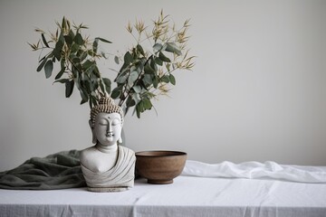 With a Buddha statue on a white linen tablecloth and a natural eucalyptus twig in an antique glass vase, a modern minimalist room is decorated with flowers. Background of a light wall with copy space