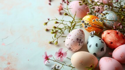 Easter Eggs and Delicate Spring Blossoms. Various painted Easter eggs among delicate pink flowers and soft pastel backdrop.