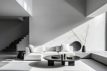 Step into a chic minimalist living room, designed with sleek lines and minimal decorations, enhanced by high contrast for a peaceful, contemporary space.