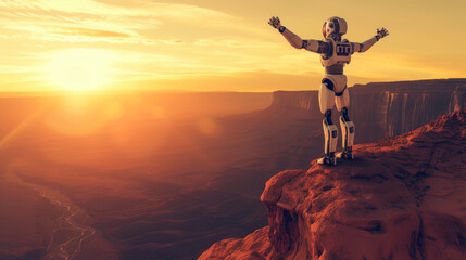 Robot Success: Sunrise Victory on Desert Cliff