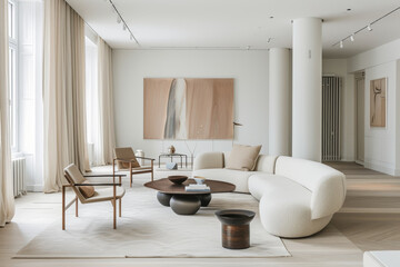 Fototapeta na wymiar A minimalist living room that blends modern furniture with an elegant decor and a soft color palette, creating a serene and inviting space.