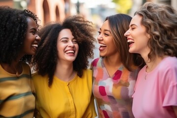 Fototapeta premium Friends Laughing Together, Urban Joy. Four vibrant women share a joyful moment outdoors.