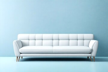 an AI-generated description for an image featuring a sleek and modern white sofa placed against a backdrop of a gently textured light blue wall with a solid color pattern