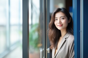 Fototapeta premium Smiling Woman Indoors Candid Portrait. A smiling woman in a beige blazer, standing by a window indoors.