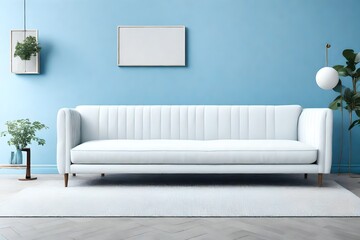 an AI-generated description for an image featuring a sleek and modern white sofa placed against a backdrop of a gently textured light blue wall with a solid color pattern