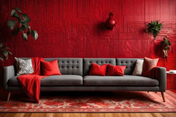 the aesthetic qualities and design principles exhibited by the modern gray sofa and its juxtaposition with the vibrant red solid color pattern wall