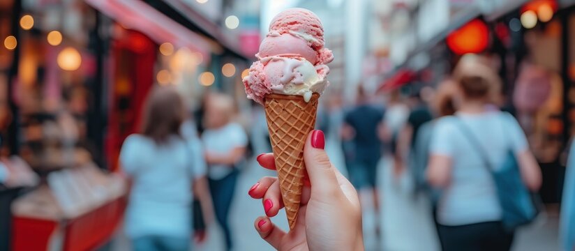 Hand holding an ice cream cone walking in a busy street against the store. Generated AI image