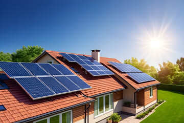 Fototapeta premium solar energy, solar panel, roof, house, panel, Generative AI