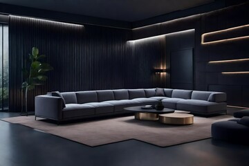 a narrative around a cutting-edge AI-designed living space, where a contemporary modular sofa seamlessly complements a slate gray solid color pattern wall