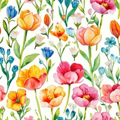 Bright Watercolor Floral Seamless Background. A seamless pattern of bright watercolor flowers and leaves on a white background.