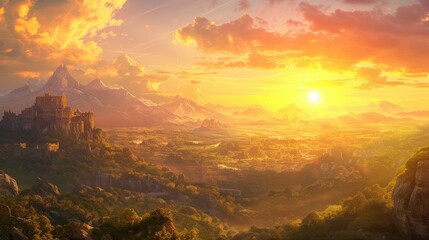 Beautiful panorama view of the valley and mountains at sunset.