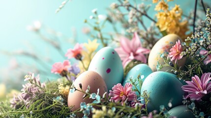 Fototapeta na wymiar Pastel Easter Eggs and Spring Flowers. A vibrant display of painted Easter eggs amid a bloom of spring flowers.