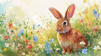 Bunny in a Vibrant Watercolor Flower Field. Watercolor artwork of a bunny in a field of vivid wildflowers.
