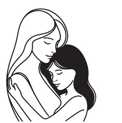 Line drawing of mother is hugging her daughter. Black and white