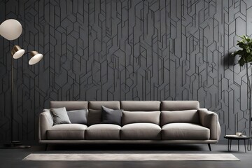 a detailed and imaginative scene featuring a state-of-the-art AI-generated interior, showcasing a contemporary modular sofa against a slate gray solid color pattern wall