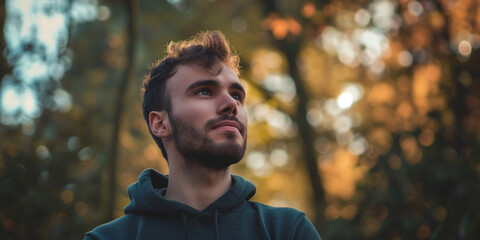 Hopeful young man in hoodie looking up, autumn forest backdrop with golden bokeh