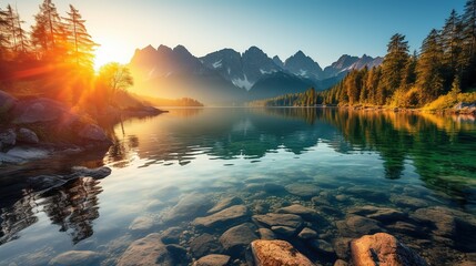 Impressive summer sunrise on Eibsee lake with Zugspitze mountain range. Sunny outdoor scene in German Alps, Bavaria, Germany, Europe. Beauty of nature - obrazy, fototapety, plakaty