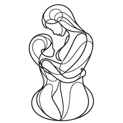 Line drawing of mother is hugging her daughter