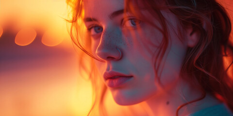 Intense young woman with freckles, gazing deeply in a fiery sunset atmosphere
