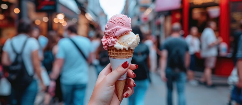 Hand holding an ice cream cone walking in a busy street against the store. Generated AI image