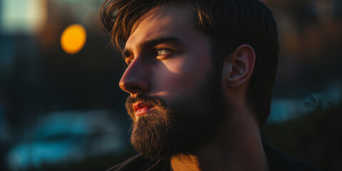 Serious bearded man with a focused gaze during a golden sunset, evoking thoughtfulness