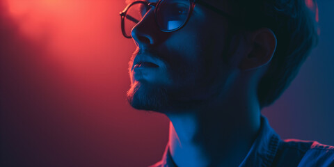 Man with beard in glasses looking upward, neon red and blue lights creating a dramatic effect